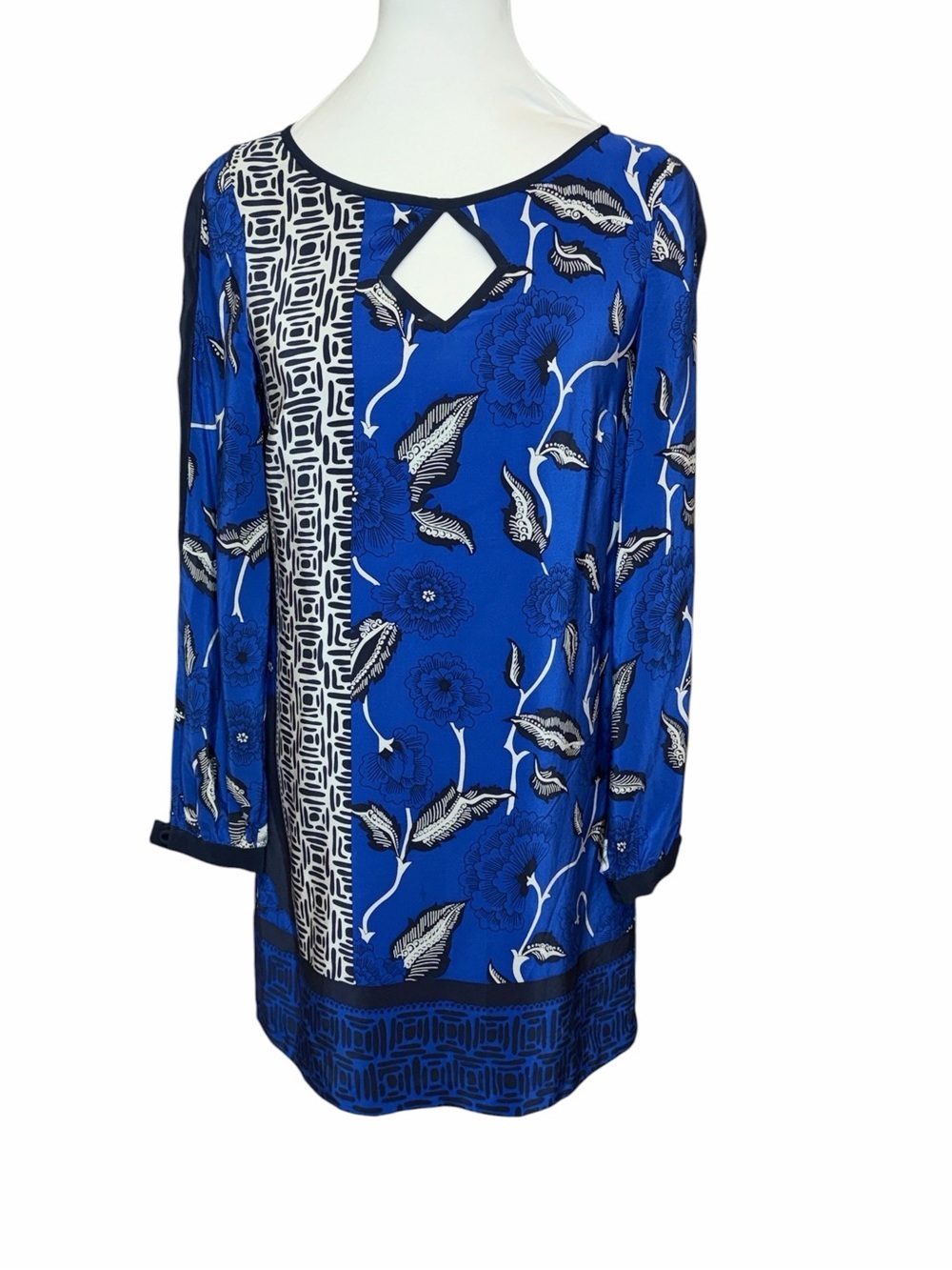 Tibi Silk Blue Mixed-Print Keyhole Mini Dress